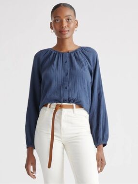 QUINCE Indigo Blue 100% Organic Cotton Gauze Peasant Blouse Size M
